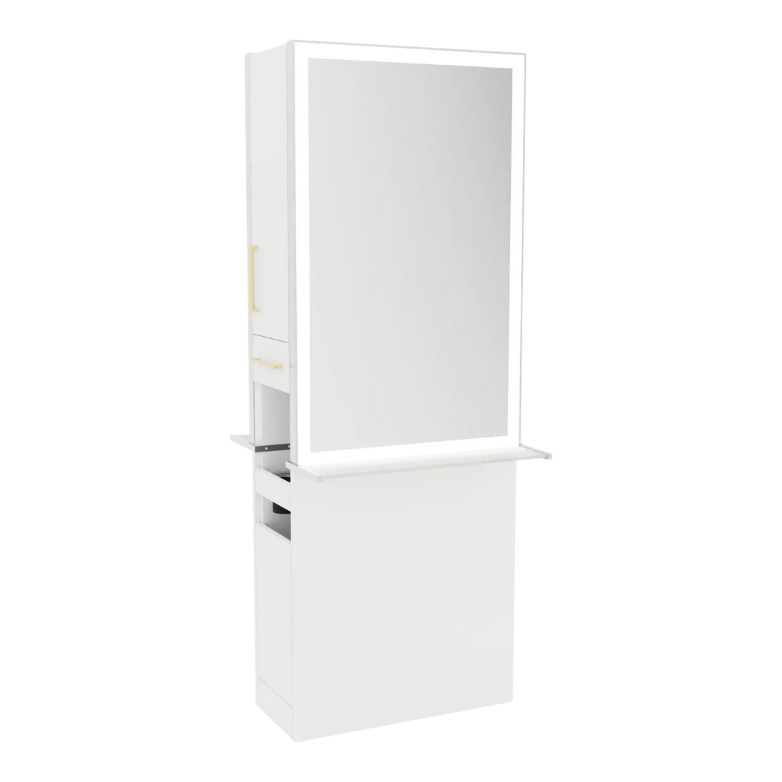 Glo Double Operator Styling Station with Slide-out Appliance Holder, Solid Surface Shelf, and Silver Rectangle Glo Mirror - Kaemark