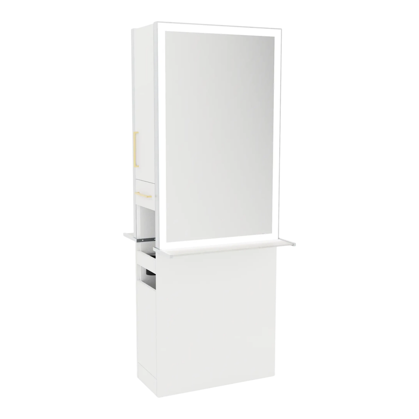 Glo Double Operator Styling Station with Slide-out Appliance Holder, Solid Surface Shelf, and Silver Rectangle Glo Mirror - Kaemark