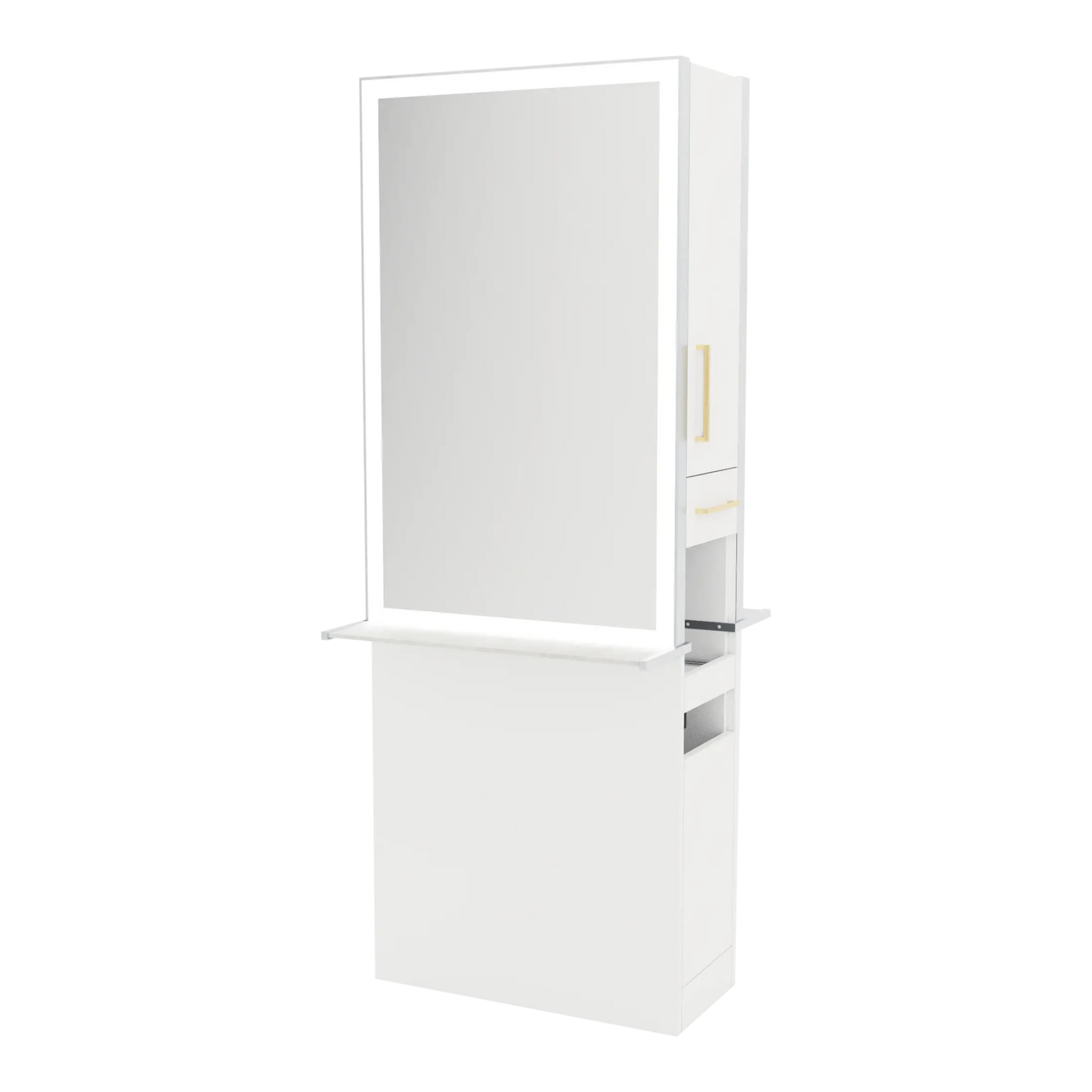 Glo Double Operator Styling Station with Slide-out Appliance Holder, Solid Surface Shelf, and Silver Rectangle Glo Mirror - Kaemark