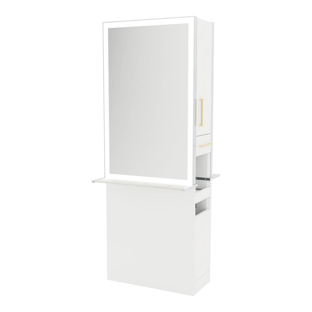 Glo Double Operator Styling Station with Slide-out Appliance Holder, Solid Surface Shelf, and Silver Rectangle Glo Mirror - Kaemark