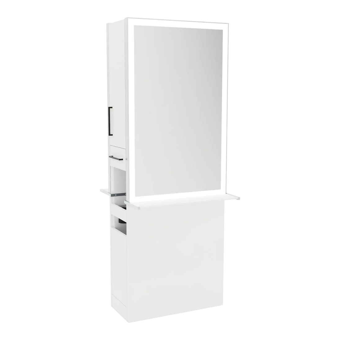 Glo Double Operator Styling Station with Slide-out Appliance Holder, Solid Surface Shelf, and Silver Rectangle Glo Mirror - Kaemark