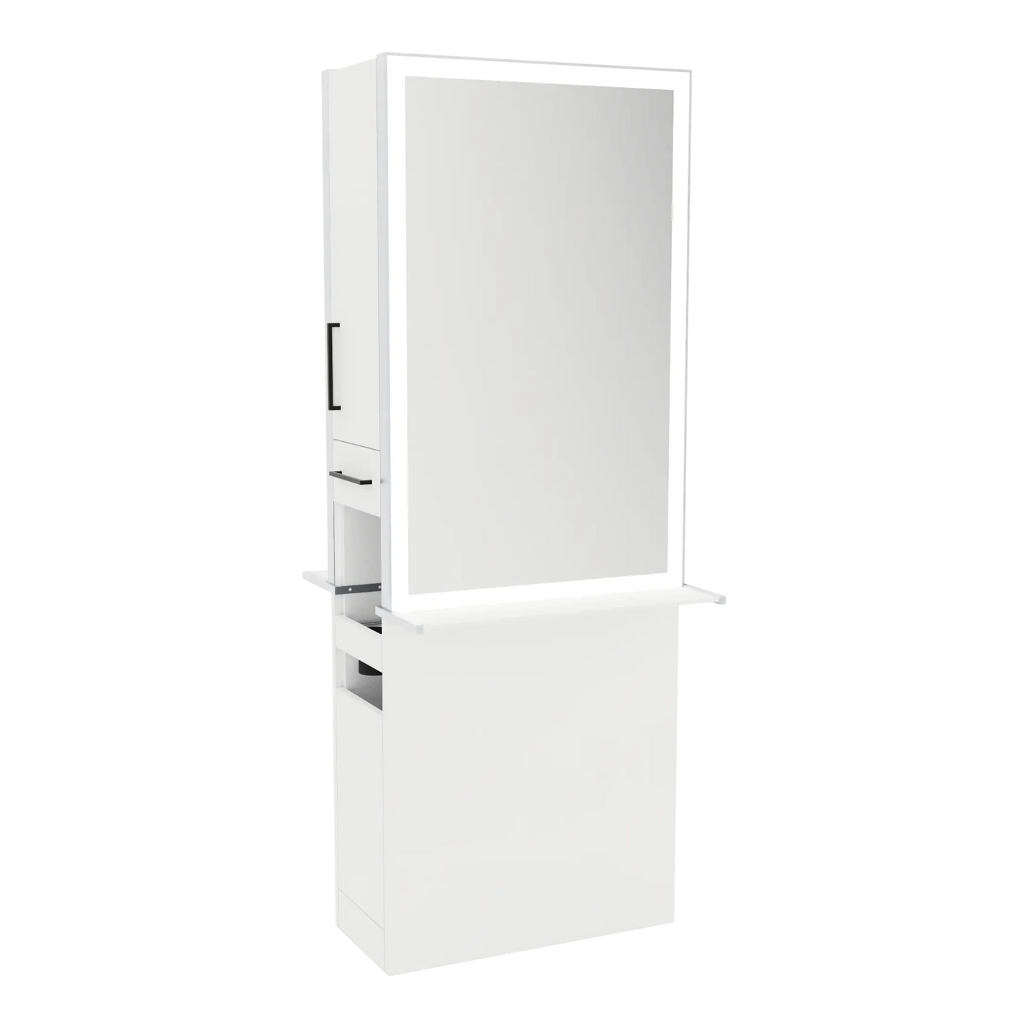Glo Double Operator Styling Station with Slide-out Appliance Holder, Solid Surface Shelf, and Silver Rectangle Glo Mirror - Kaemark