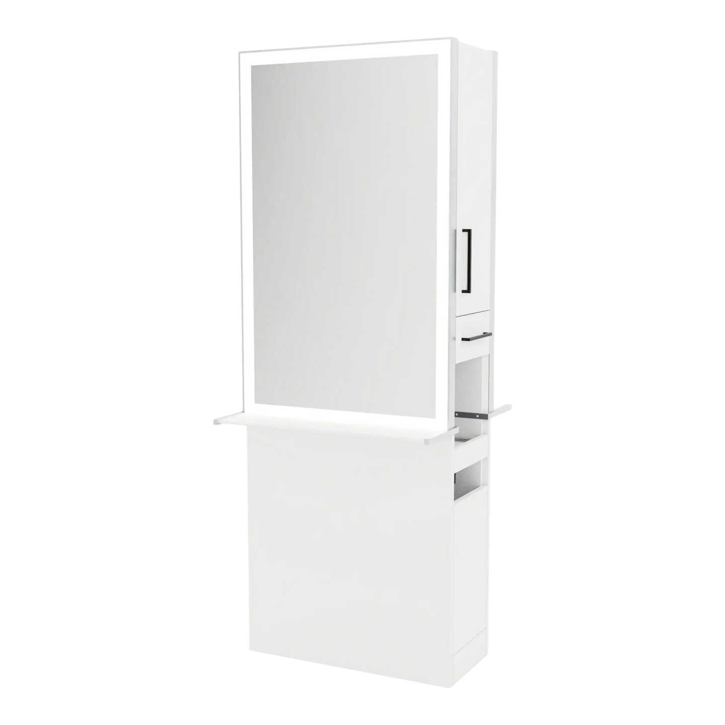 Glo Double Operator Styling Station with Slide-out Appliance Holder, Solid Surface Shelf, and Silver Rectangle Glo Mirror - Kaemark