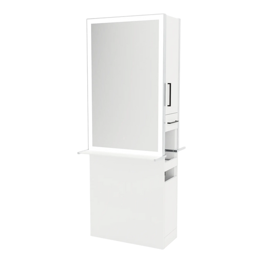 Glo Double Operator Styling Station with Slide-out Appliance Holder, Solid Surface Shelf, and Silver Rectangle Glo Mirror - Kaemark