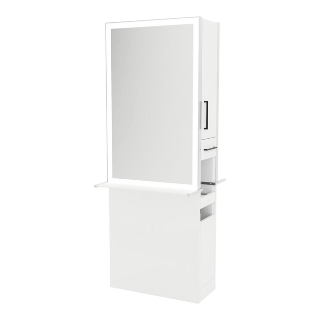 Glo Double Operator Styling Station with Slide-out Appliance Holder, Solid Surface Shelf, and Silver Rectangle Glo Mirror - Kaemark