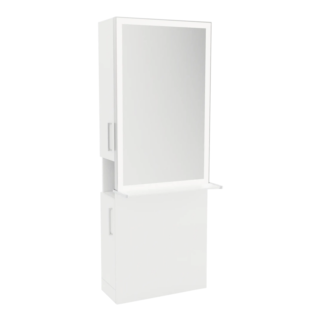 Glo Single Operator Styling Station with Pull-out Appliance Holder, Solid Surface Shelf, and Silver Rectangle Glo Mirror - Kaemark