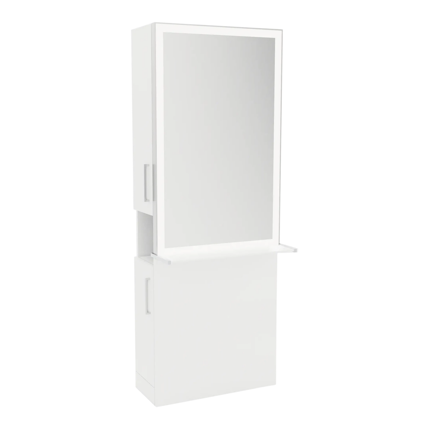 Glo Single Operator Styling Station with Pull-out Appliance Holder, Solid Surface Shelf, and Silver Rectangle Glo Mirror - Kaemark