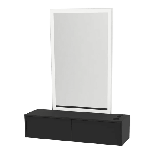 Glo Wall Mount Styling Station with Nestled Appliance Holder and Silver Rectangle Glo Mirror - Kaemark