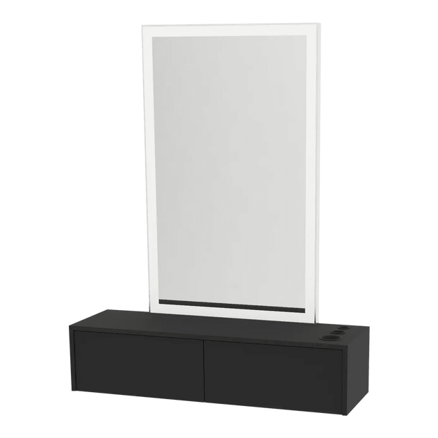 Glo Wall Mount Styling Station with Nestled Appliance Holder and Silver Rectangle Glo Mirror - Kaemark