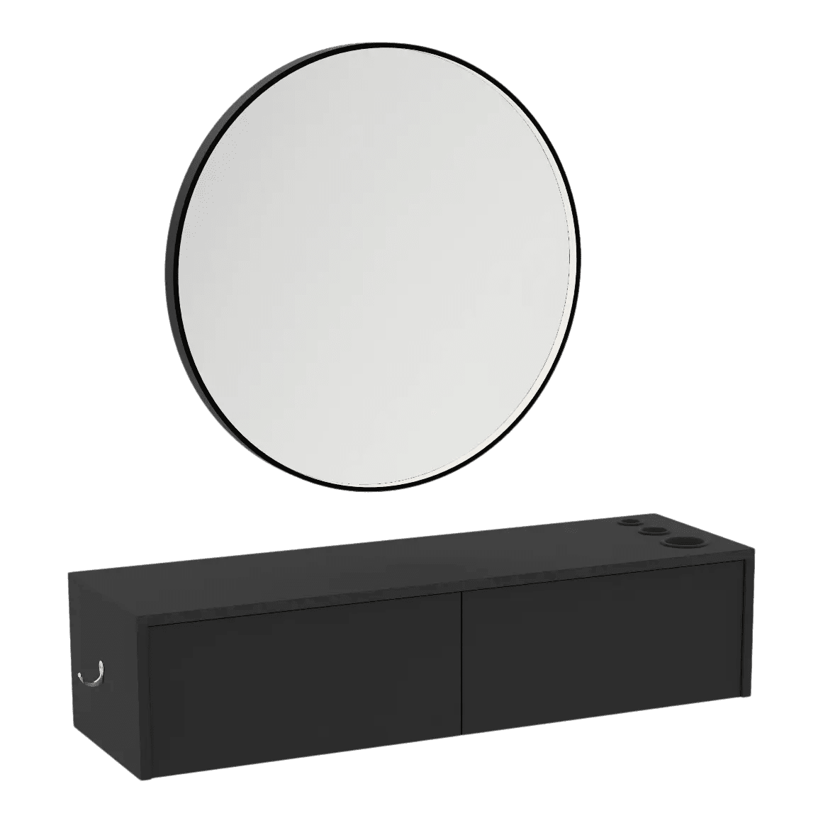 Glo Wall Mount Styling Station with Nestled Appliance Holder and Black Round Westin Mirror - Kaemark