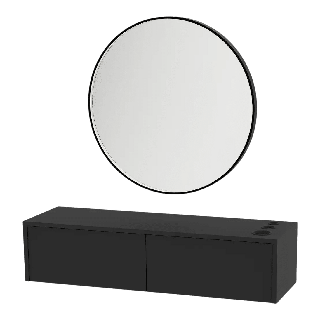 Glo Wall Mount Styling Station with Nestled Appliance Holder and Black Round Westin Mirror - Kaemark