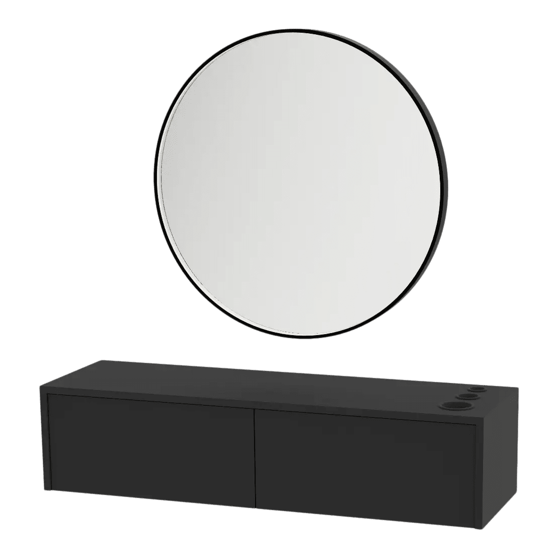 Glo Wall Mount Styling Station with Nestled Appliance Holder and Black Round Westin Mirror - Kaemark