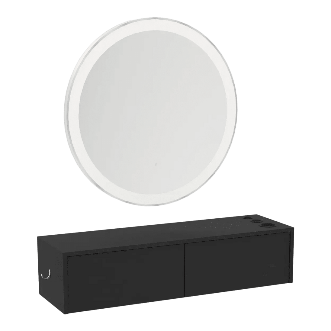 Glo Wall Mount Styling Station with Nestled Appliance Holder and Silver Round Glo Mirror - Kaemark