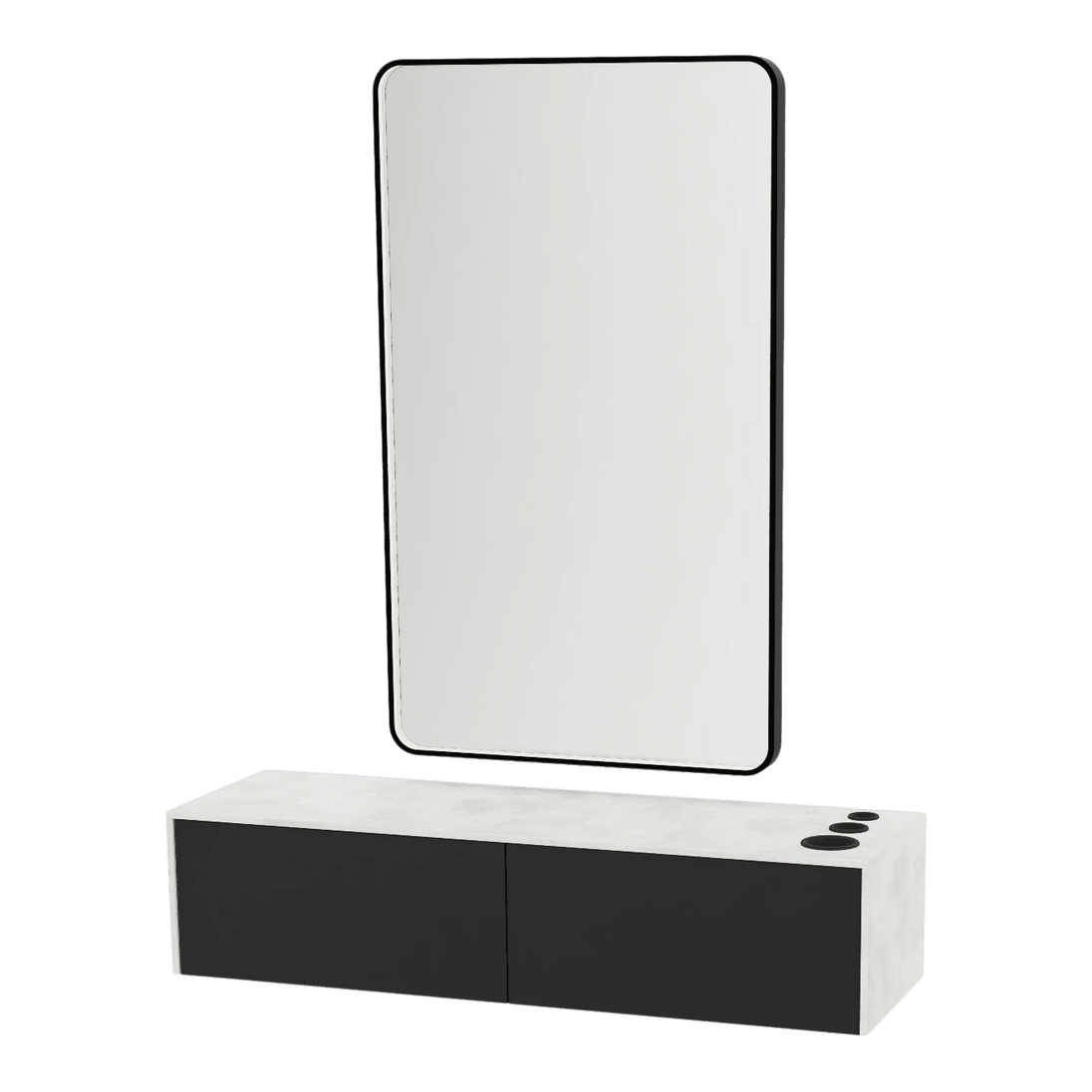 Glo Wall Mount Styling Station with Nestled Appliance Holder, Solid Surface Countertop, and Black Rectangle Westin Mirror - Kaemark