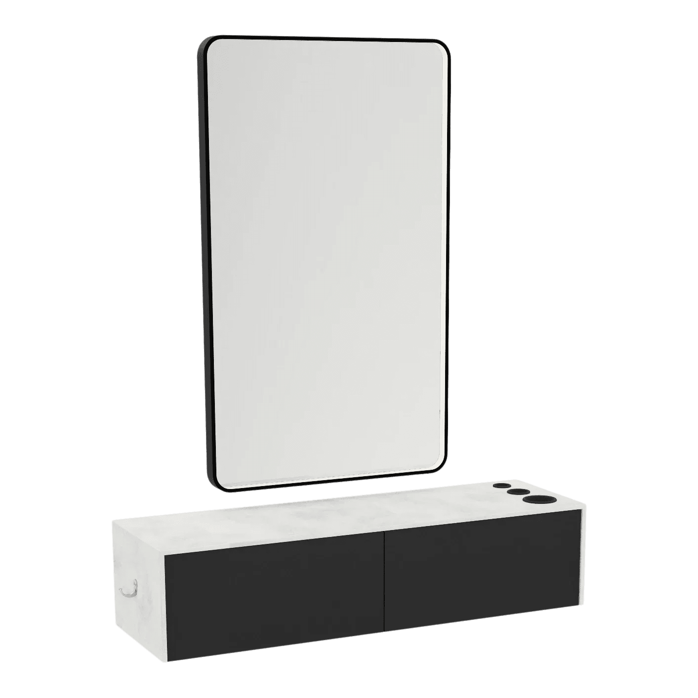 Glo Wall Mount Styling Station with Nestled Appliance Holder, Solid Surface Countertop, and Black Rectangle Westin Mirror - Kaemark