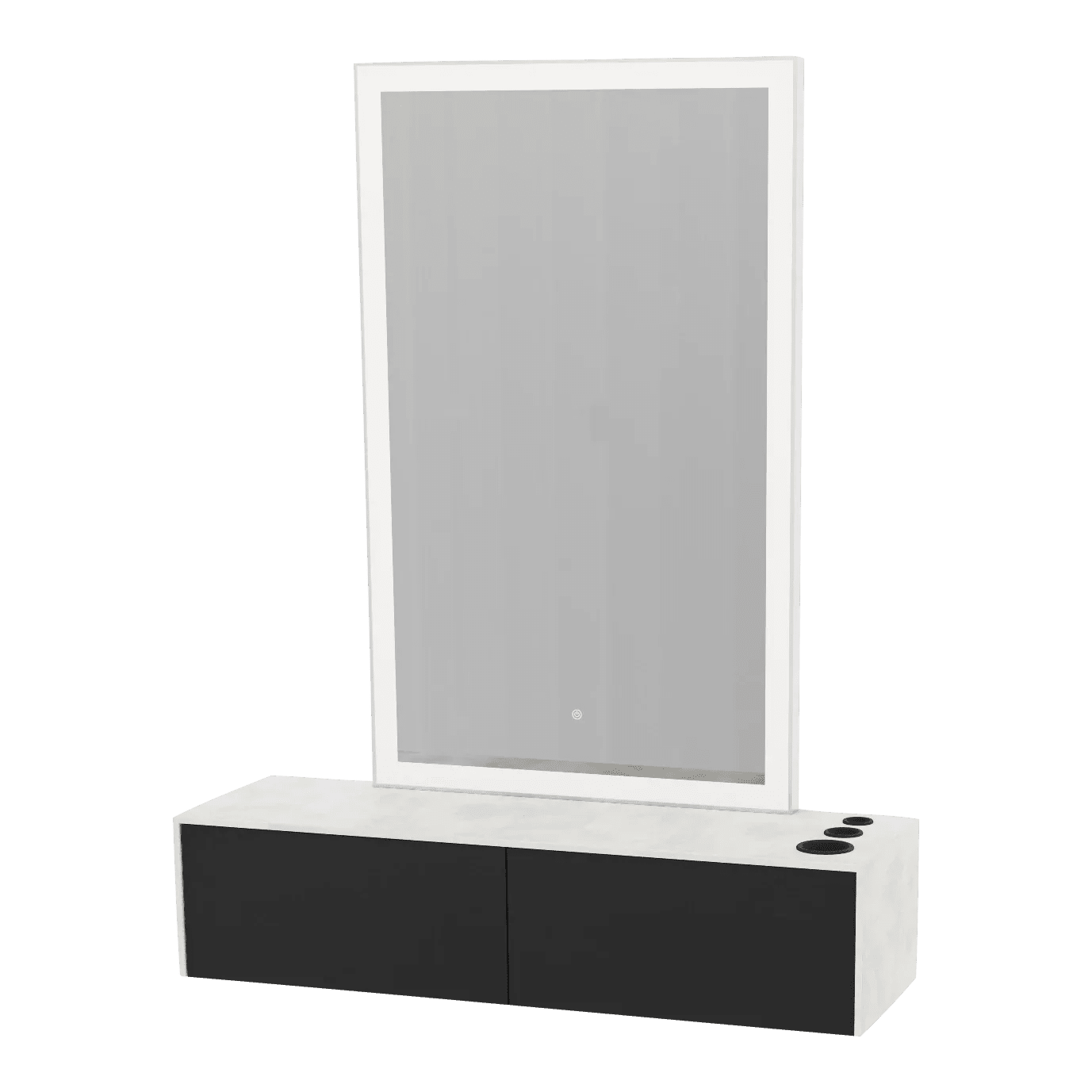 Glo Wall Mount Styling Station with Nestled Appliance Holder, Solid Surface Countertop, and Silver Rectangle Glo Mirror - Kaemark