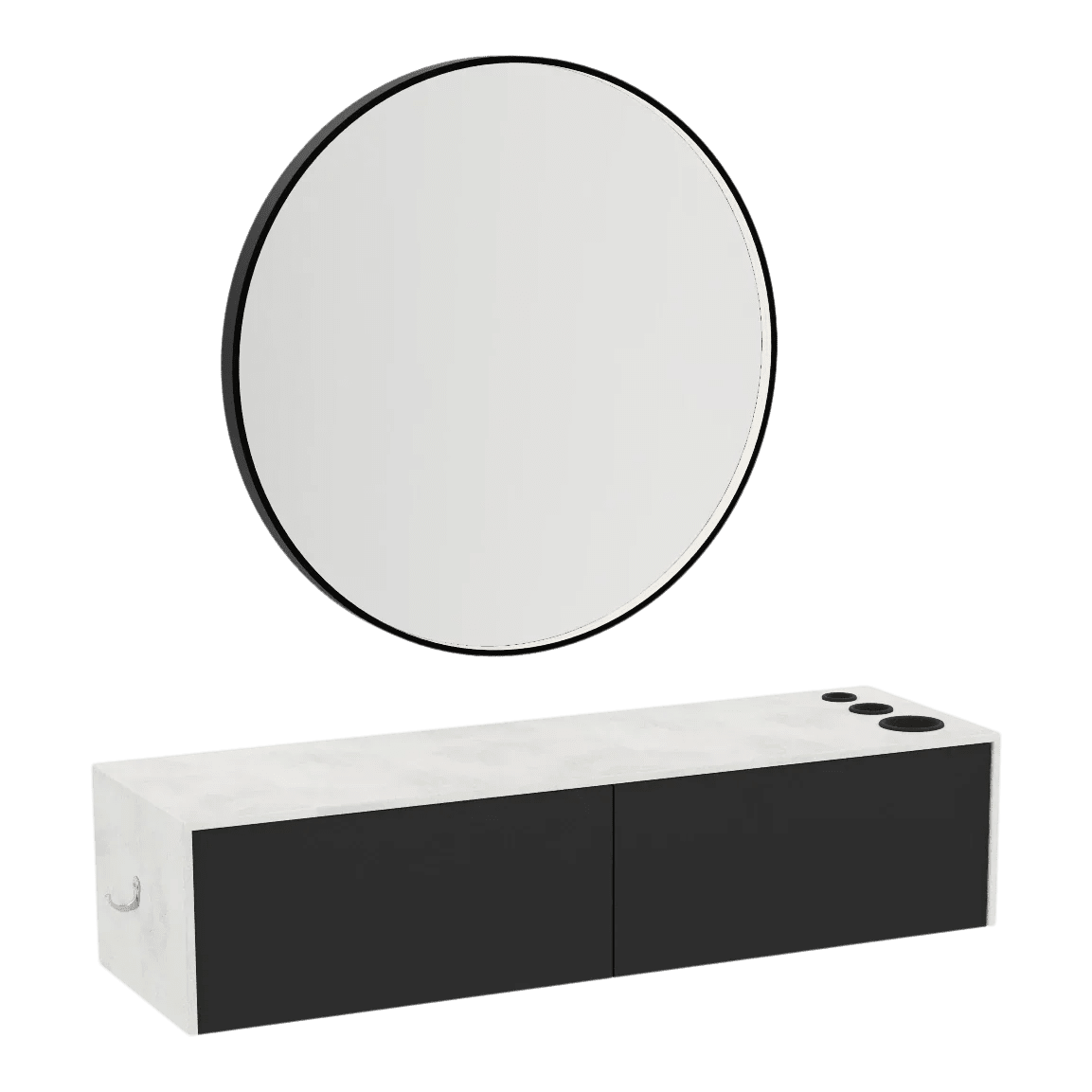 Glo Wall Mount Styling Station with Nestled Appliance Holder, Solid Surface Countertop, and Black Round Westin Mirror - Kaemark