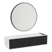 Glo Wall Mount Styling Station with Nestled Appliance Holder, Solid Surface Countertop, and Black Round Westin Mirror - Kaemark