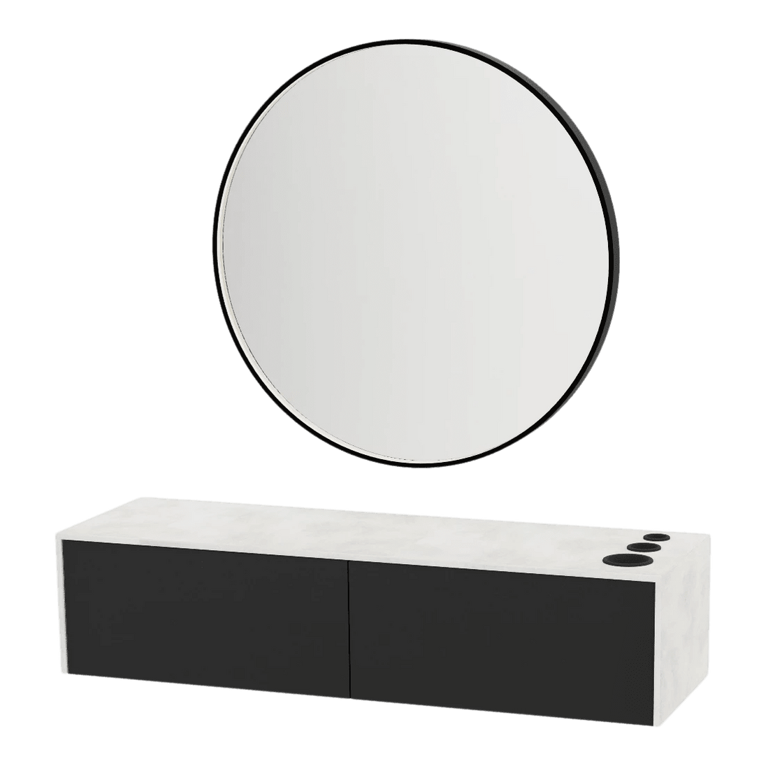 Glo Wall Mount Styling Station with Nestled Appliance Holder, Solid Surface Countertop, and Black Round Westin Mirror - Kaemark