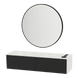 Glo Wall Mount Styling Station with Nestled Appliance Holder, Solid Surface Countertop, and Black Round Westin Mirror - Kaemark