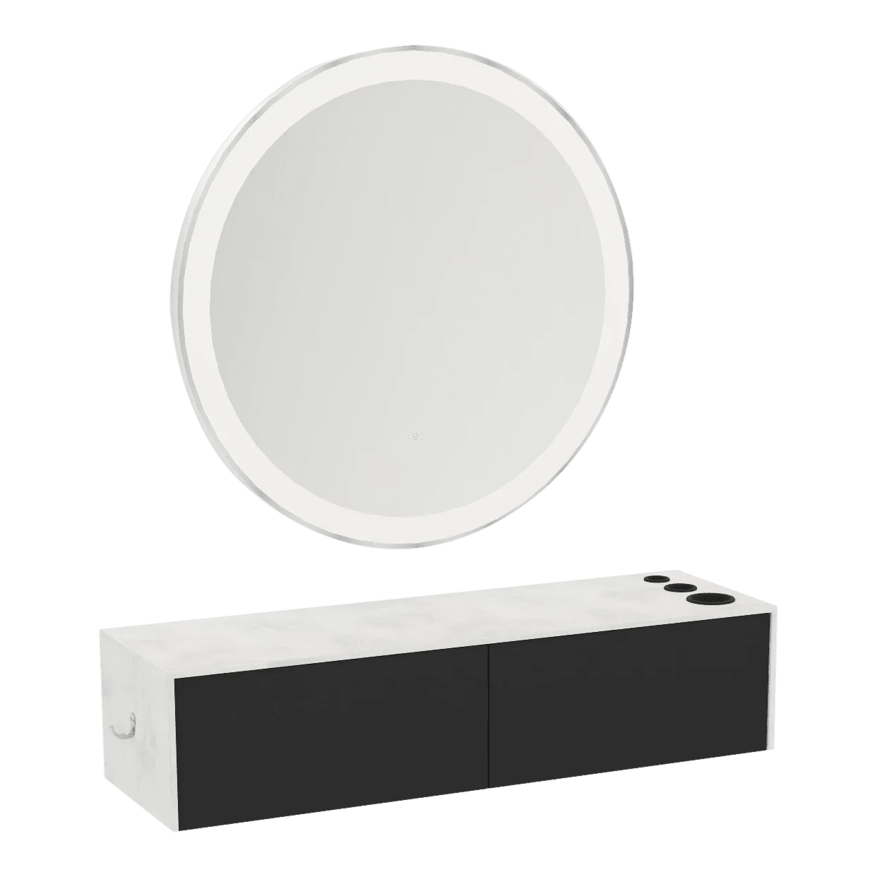 Glo Wall Mount Styling Station with Nestled Appliance Holder, Solid Surface Countertop, and Silver Round Glo Mirror - Kaemark