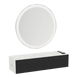 Glo Wall Mount Styling Station with Nestled Appliance Holder, Solid Surface Countertop, and Silver Round Glo Mirror - Kaemark