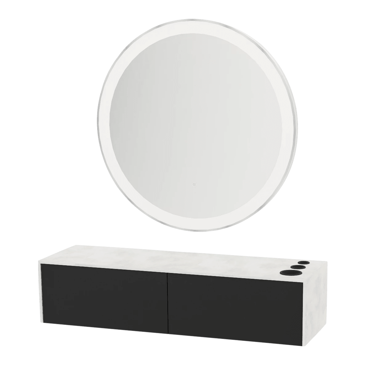 Glo Wall Mount Styling Station with Nestled Appliance Holder, Solid Surface Countertop, and Silver Round Glo Mirror - Kaemark