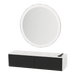 Glo Wall Mount Styling Station with Nestled Appliance Holder, Solid Surface Countertop, and Silver Round Glo Mirror - Kaemark