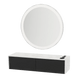 Glo Wall Mount Styling Station with Nestled Appliance Holder, Solid Surface Countertop, and Silver Round Glo Mirror - Kaemark