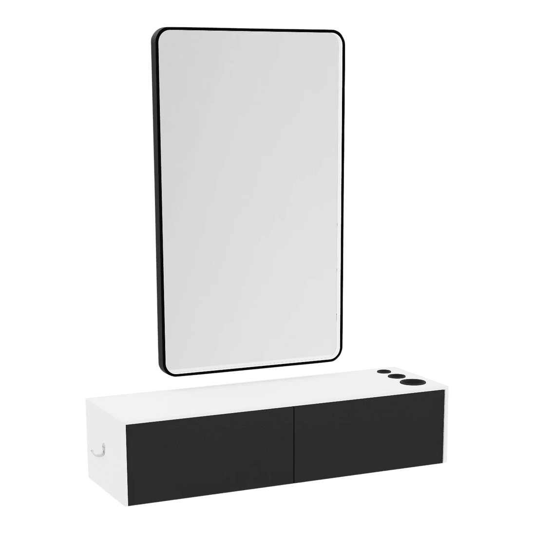 Glo Wall Mount Styling Station with Nestled Appliance Holder, Solid Surface Countertop, and Black Rectangle Westin Mirror - Kaemark