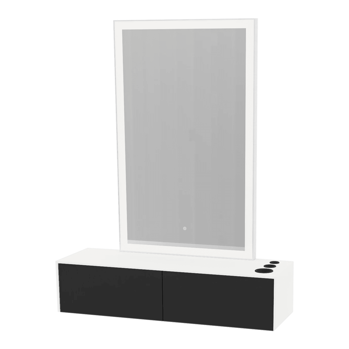 Glo Wall Mount Styling Station with Nestled Appliance Holder, Solid Surface Countertop, and Silver Rectangle Glo Mirror - Kaemark