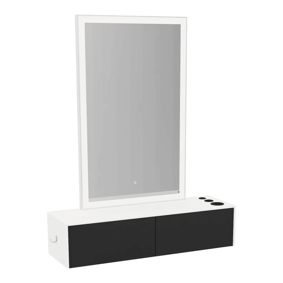 Glo Wall Mount Styling Station with Nestled Appliance Holder, Solid Surface Countertop, and Silver Rectangle Glo Mirror - Kaemark