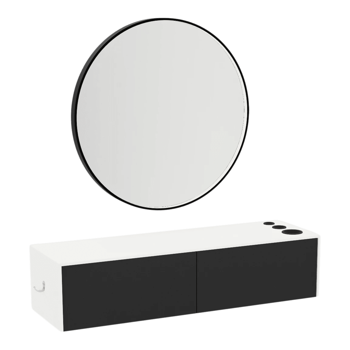 Glo Wall Mount Styling Station with Nestled Appliance Holder, Solid Surface Countertop, and Black Round Westin Mirror - Kaemark