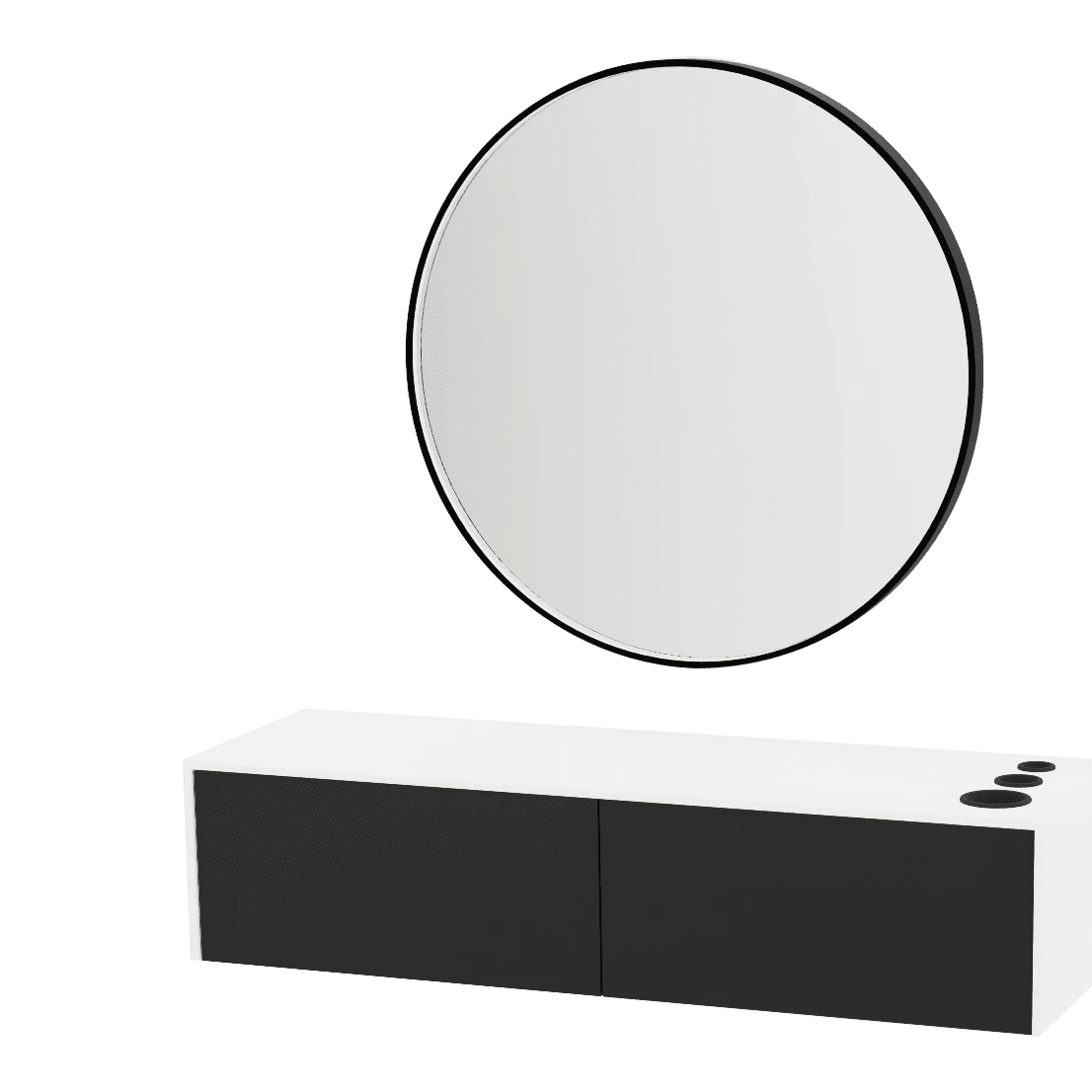 Glo Wall Mount Styling Station with Nestled Appliance Holder, Solid Surface Countertop, and Black Round Westin Mirror - Kaemark