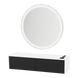 Glo Wall Mount Styling Station with Nestled Appliance Holder, Solid Surface Countertop, and Silver Round Glo Mirror - Kaemark