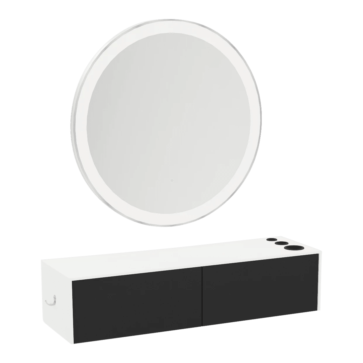 Glo Wall Mount Styling Station with Nestled Appliance Holder, Solid Surface Countertop, and Silver Round Glo Mirror - Kaemark