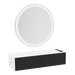 Glo Wall Mount Styling Station with Nestled Appliance Holder, Solid Surface Countertop, and Silver Round Glo Mirror - Kaemark
