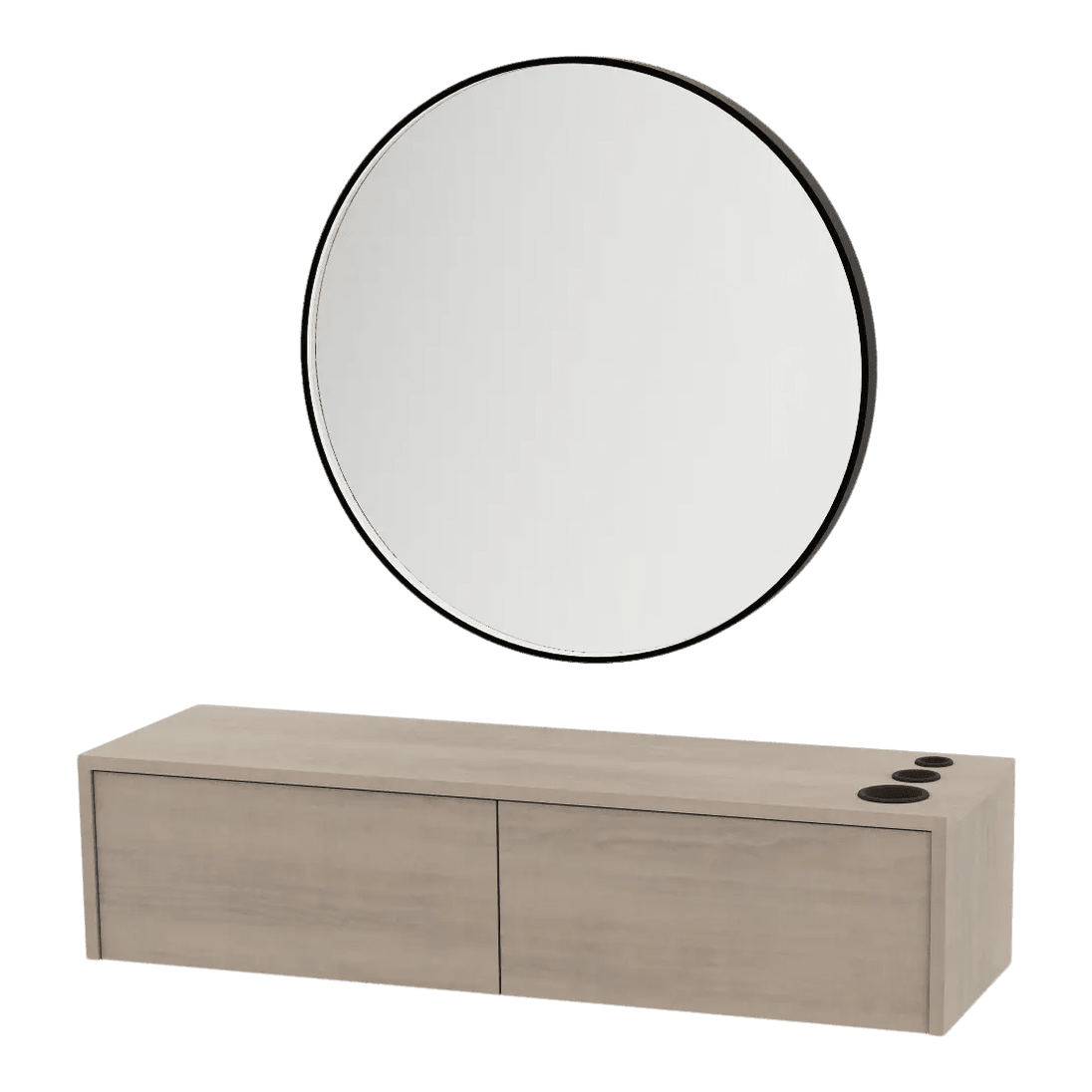Glo Wall Mount Styling Station with Nestled Appliance Holder and Black Round Westin Mirror - Kaemark