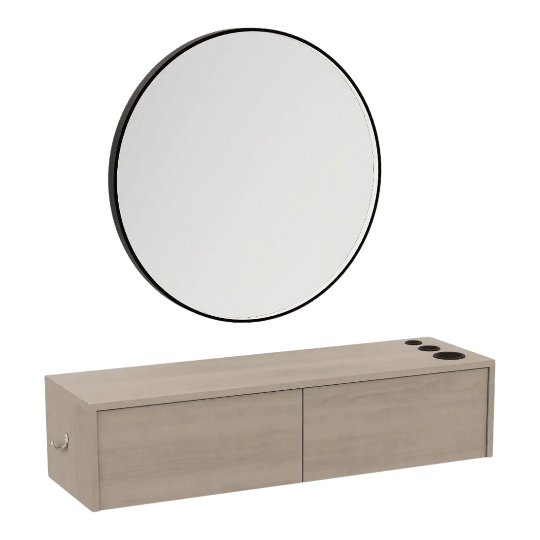 Glo Wall Mount Styling Station with Nestled Appliance Holder and Black Round Westin Mirror - Kaemark