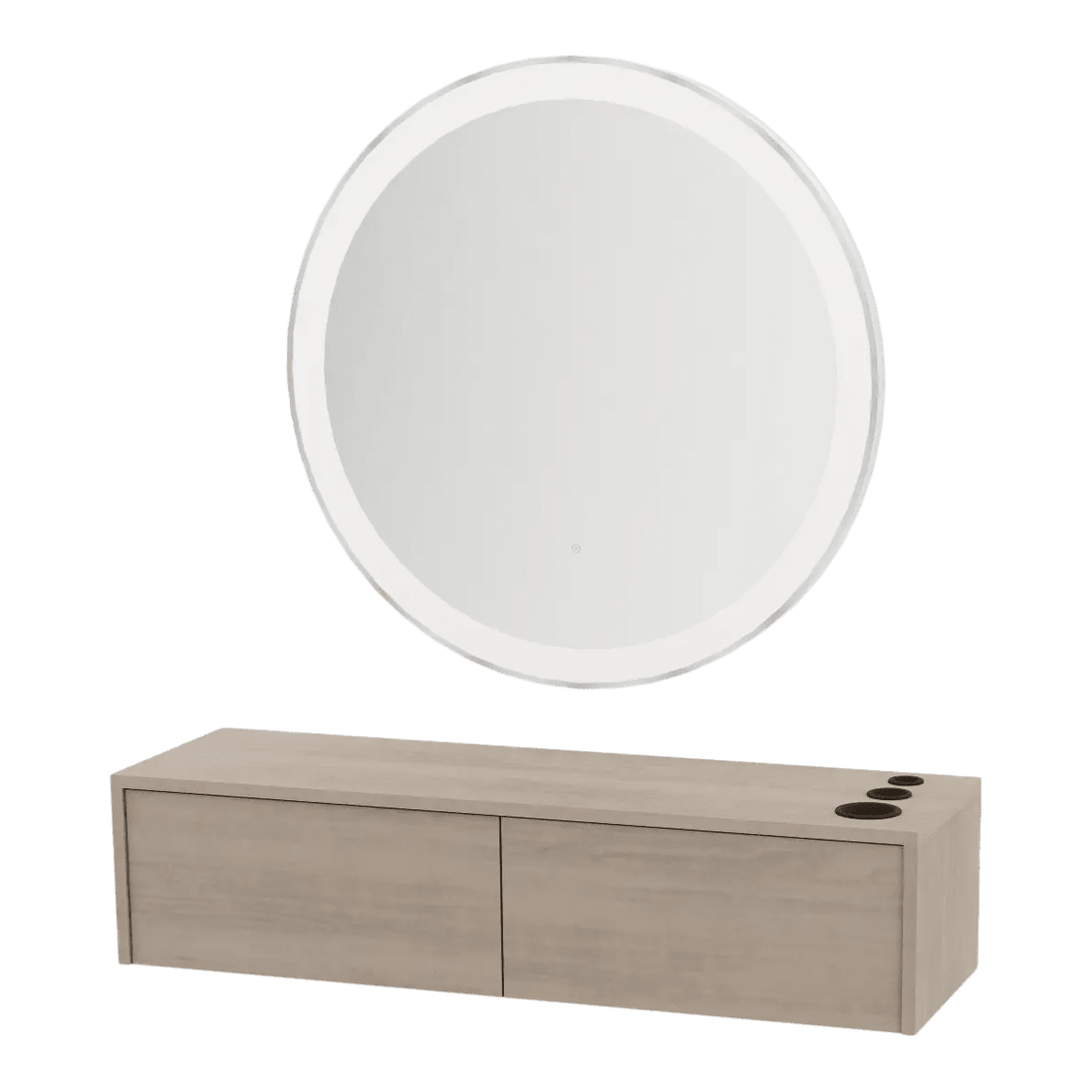 Glo Wall Mount Styling Station with Nestled Appliance Holder and Silver Round Glo Mirror - Kaemark