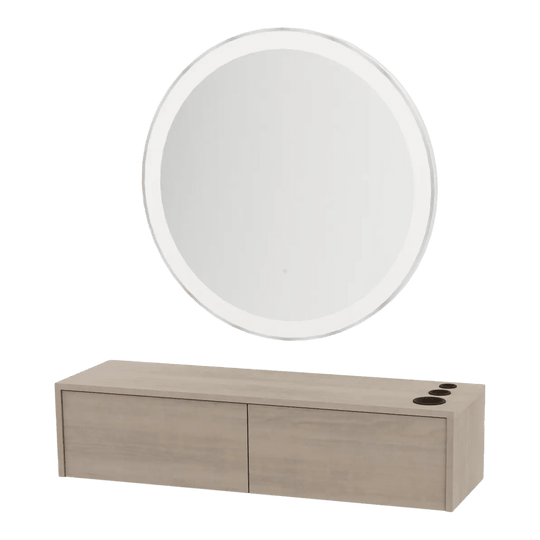 Glo Wall Mount Styling Station with Nestled Appliance Holder and Silver Round Glo Mirror - Kaemark