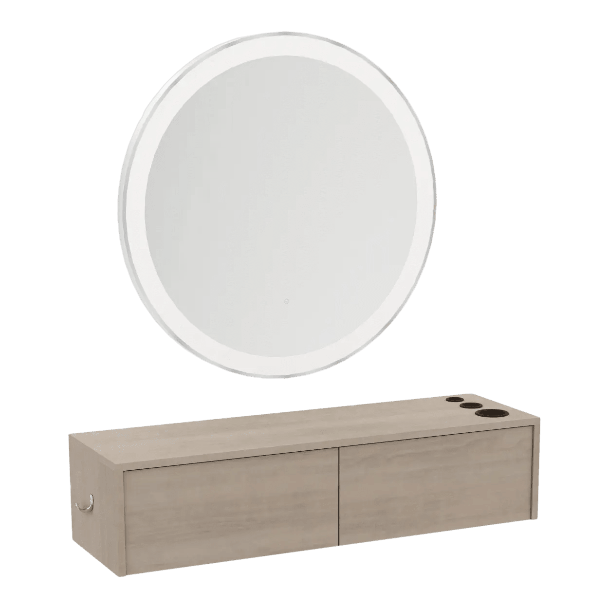 Glo Wall Mount Styling Station with Nestled Appliance Holder and Silver Round Glo Mirror - Kaemark