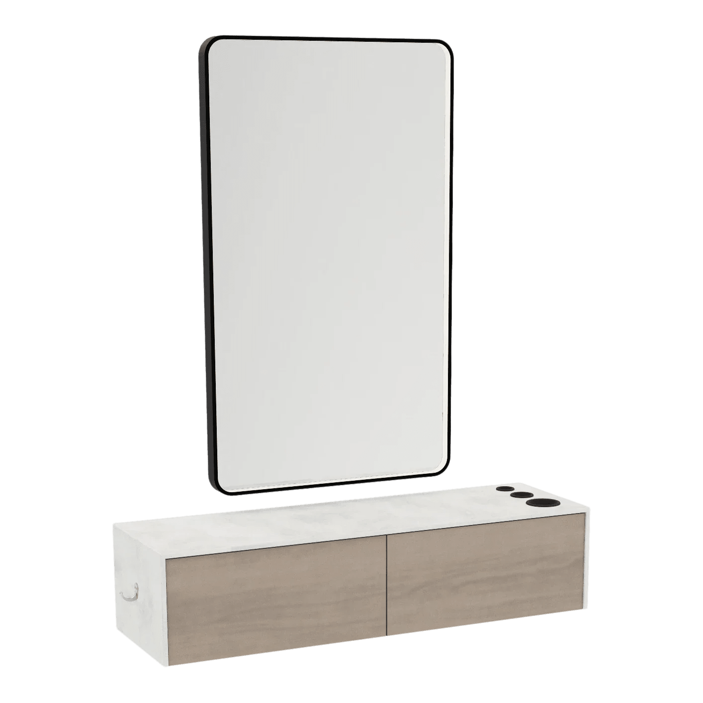Glo Wall Mount Styling Station with Nestled Appliance Holder, Solid Surface Countertop, and Black Rectangle Westin Mirror - Kaemark