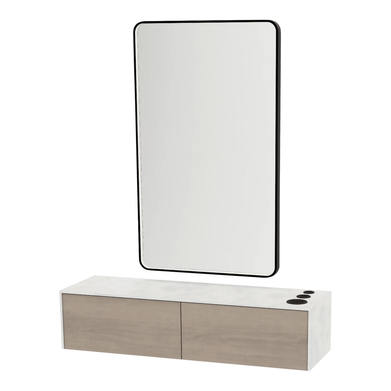 Glo Wall Mount Styling Station with Nestled Appliance Holder, Solid Surface Countertop, and Black Rectangle Westin Mirror - Kaemark