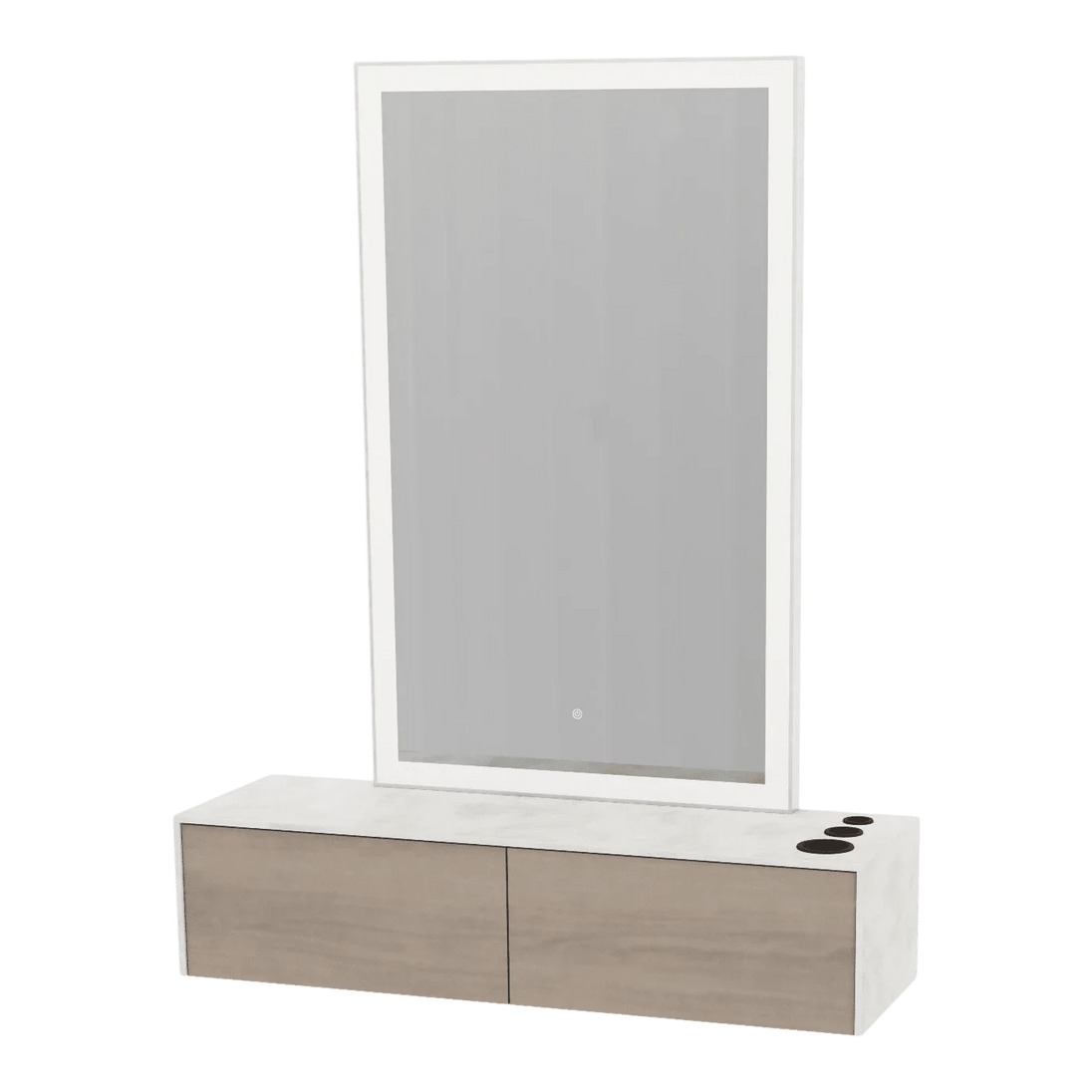 Glo Wall Mount Styling Station with Nestled Appliance Holder, Solid Surface Countertop, and Silver Rectangle Glo Mirror - Kaemark
