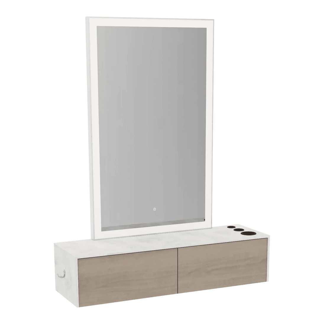 Glo Wall Mount Styling Station with Nestled Appliance Holder, Solid Surface Countertop, and Silver Rectangle Glo Mirror - Kaemark