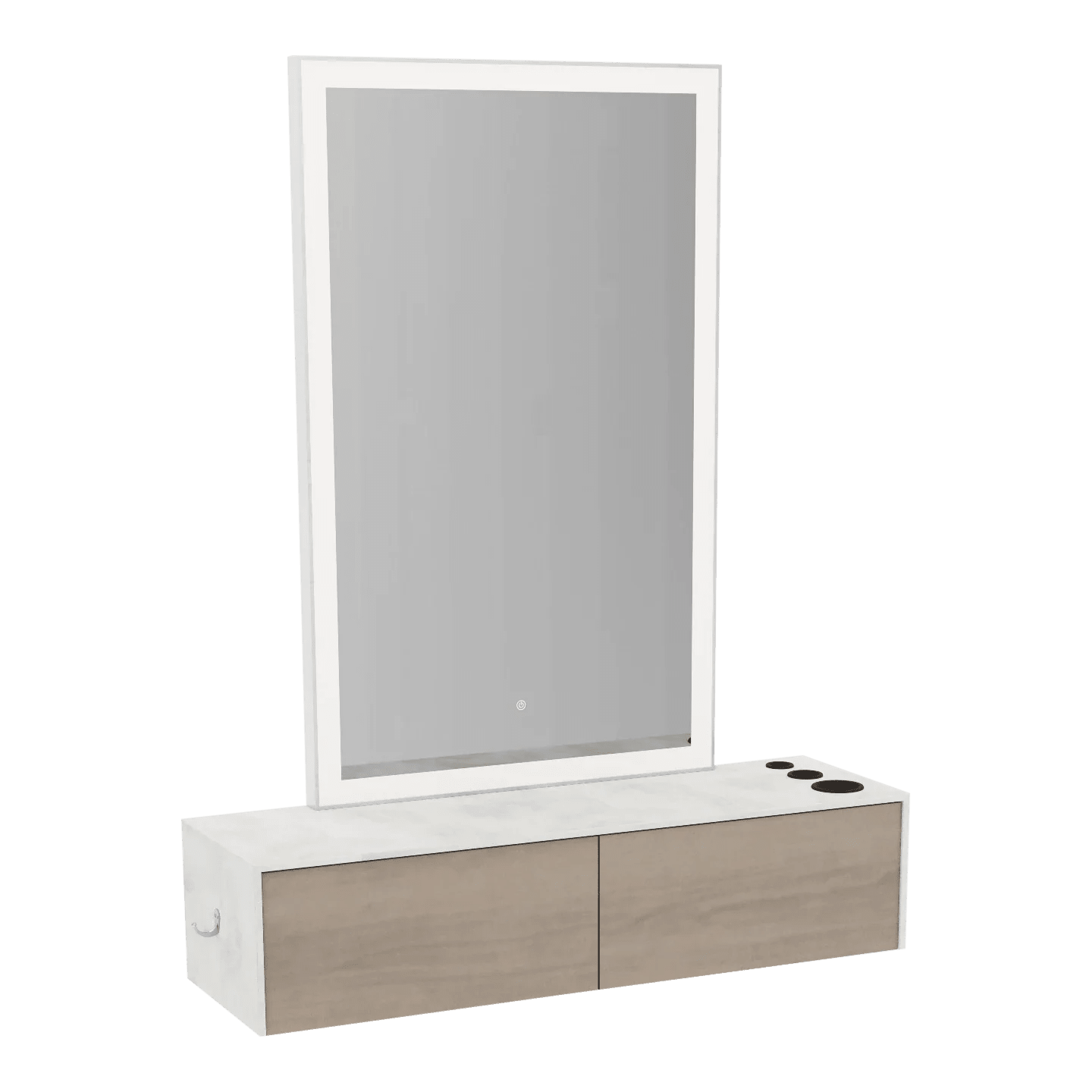 Glo Wall Mount Styling Station with Nestled Appliance Holder, Solid Surface Countertop, and Silver Rectangle Glo Mirror - Kaemark