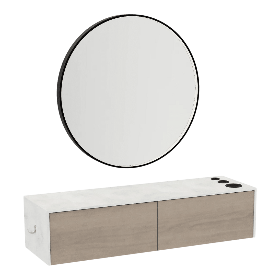 Glo Wall Mount Styling Station with Nestled Appliance Holder, Solid Surface Countertop, and Black Round Westin Mirror - Kaemark