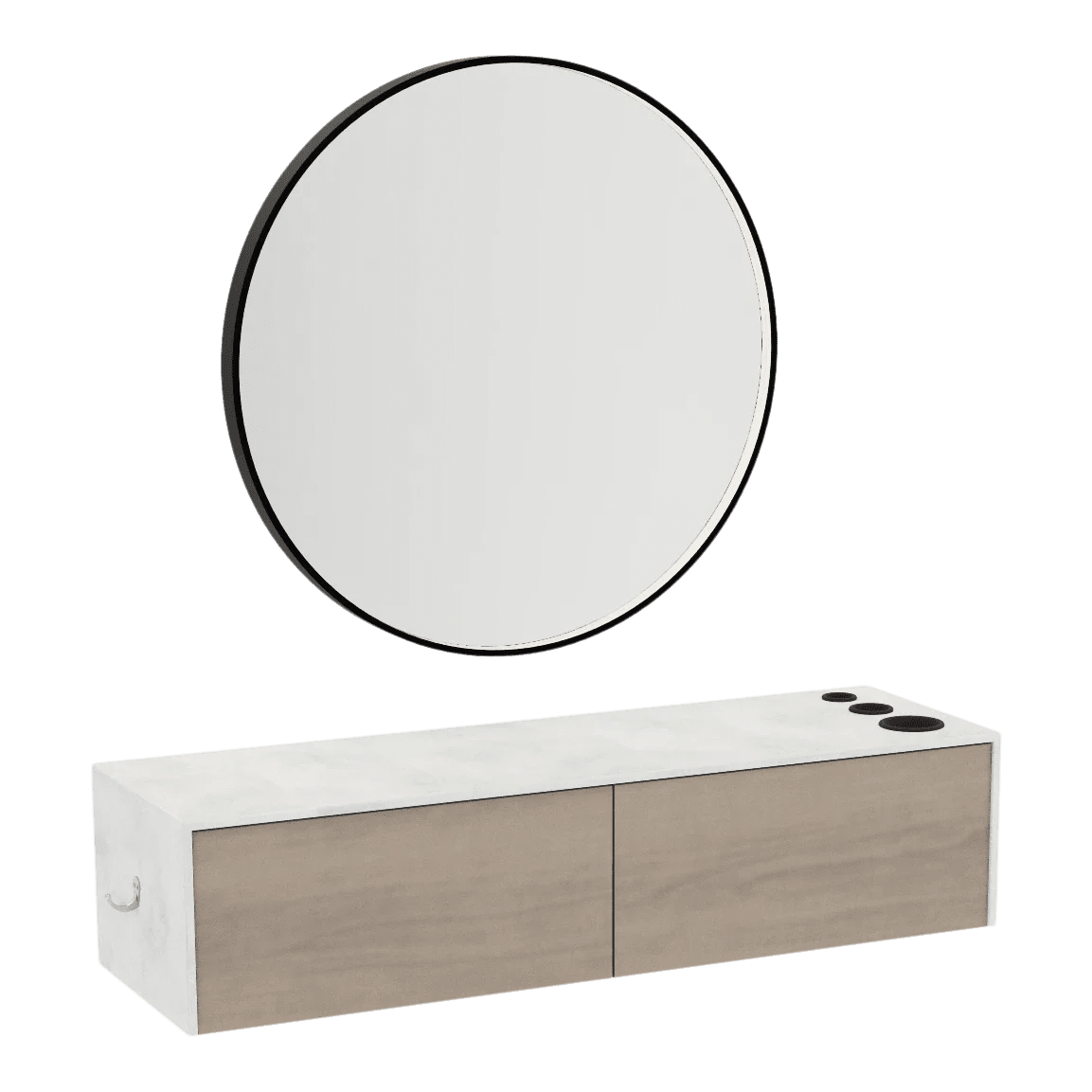 Glo Wall Mount Styling Station with Nestled Appliance Holder, Solid Surface Countertop, and Black Round Westin Mirror - Kaemark