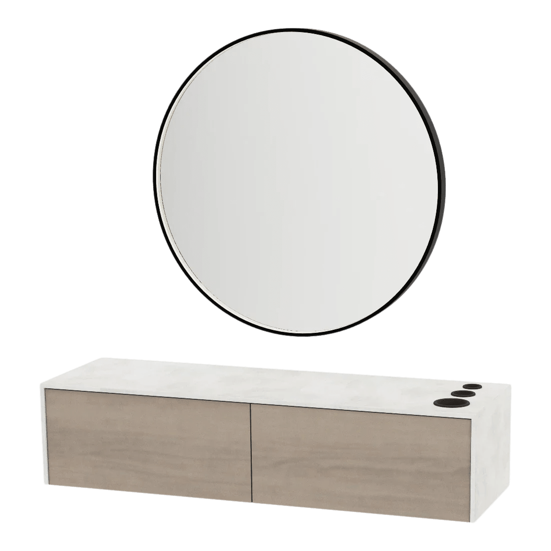 Glo Wall Mount Styling Station with Nestled Appliance Holder, Solid Surface Countertop, and Black Round Westin Mirror - Kaemark